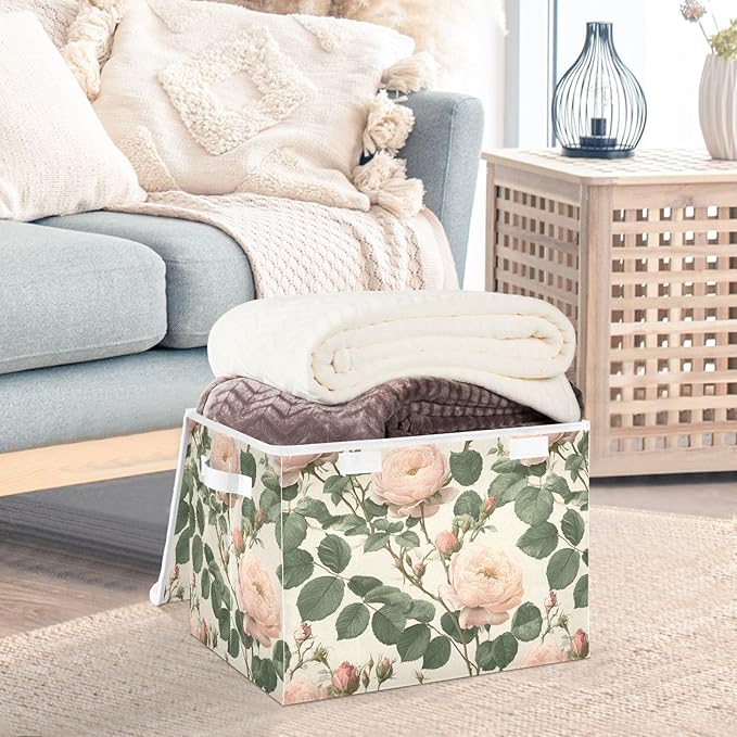 Blush Pink Rose Retro Collapsible Storage Bins with Lids Decorative Fabric Cubes Closet Organizer Basket Boxes Containers for Clothes Box Chest Folding Rectangle