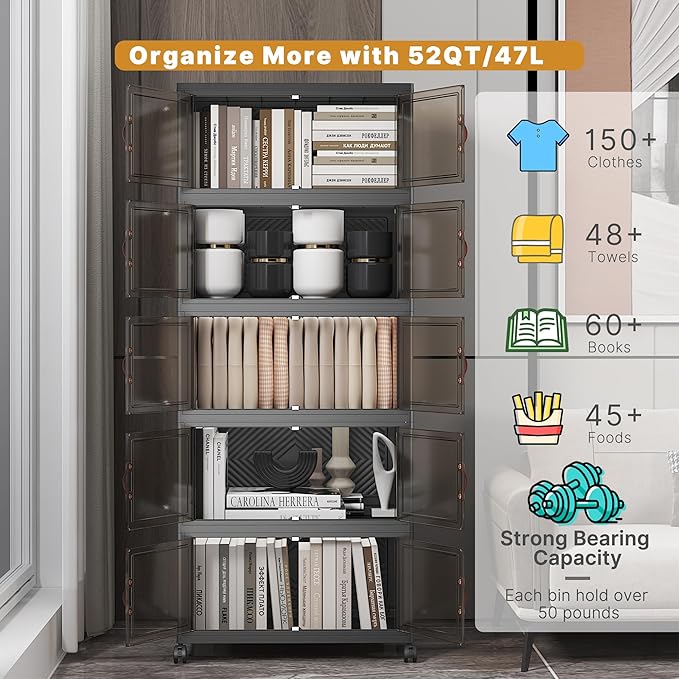 UAMFURI Extra Large Stackable Storage Bins with Lids &amp Wheels Foldable Collapsible Closet Organizers Dark Storage Cabinet with Doors for Bedroom Dorm