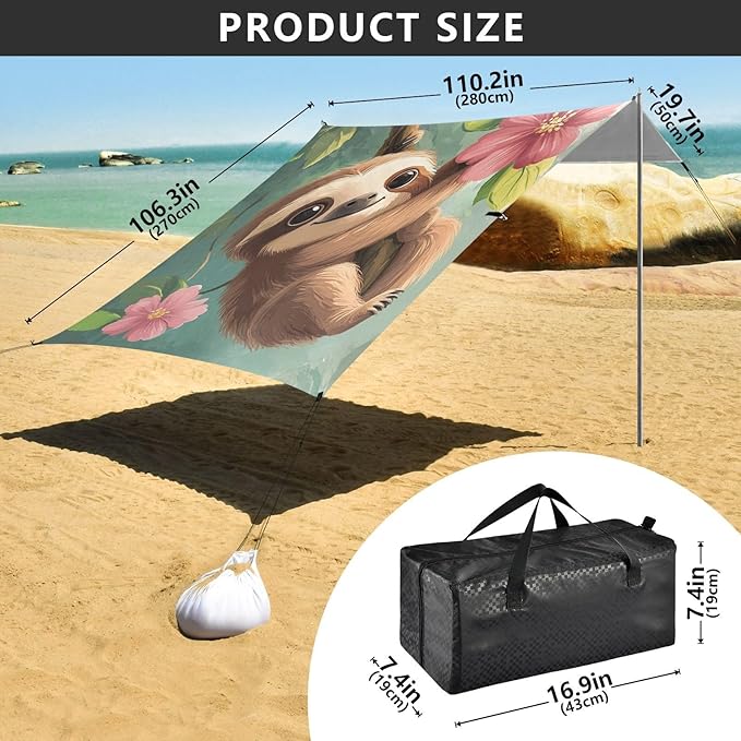 ALAZA Cartoon Sloth with Flower Tree Beach Tent Sun Shelter Portable Canopy Sunshade for Outdoor Camping Picnics Backyard Fun 10x9 ft