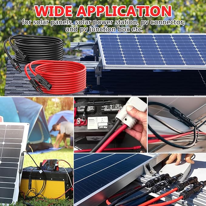 Vansdon 2x100 Feet Solar Panel Extension Cable 10AWG Solar Cable with Female and Male Waterproof Connectors for RV Photovoltaic Systems (100FT Red + 100FT Black)