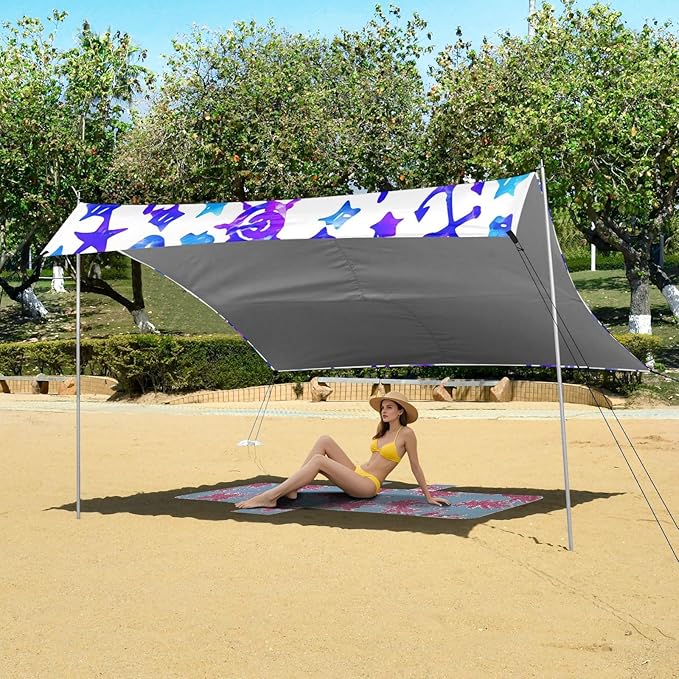 xigua Nautical Elements Beach Tent Sun Shelter with Carrying Bag - Silver Coated Oxford Fabric Beach Canopy for Beach Camping Fishing - Includes Windproof Ropes Sandbags &amp Stakes