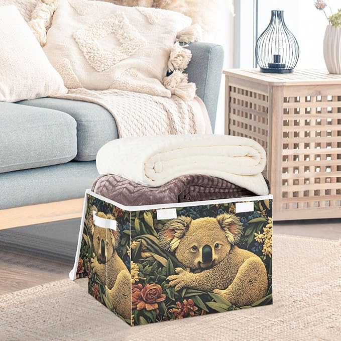 Storage Cube with Lid Art Koala Floral Print 16.5×12.6×11.8 IN Collapsible Large Capacity Foldable Storage Basket Bin Organizer