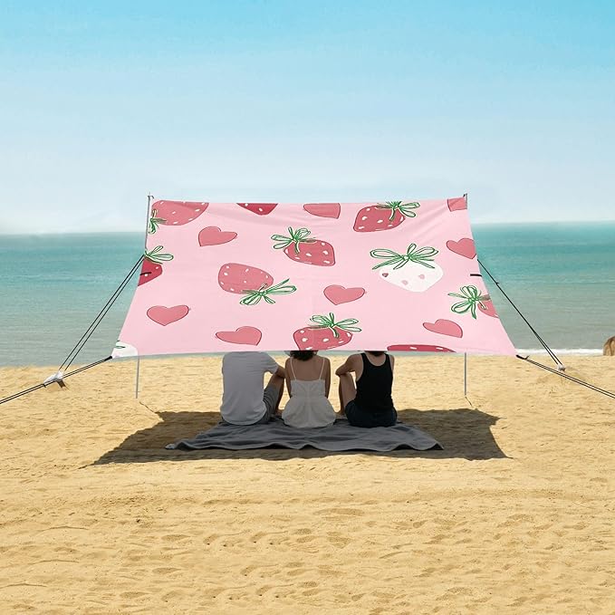 ALAZA Strawberry Bow Heart Pattern Beach Tent Sun Shelter Portable Canopy Sunshade for Outdoor Camping Picnics Backyard Fun 10x9 ft