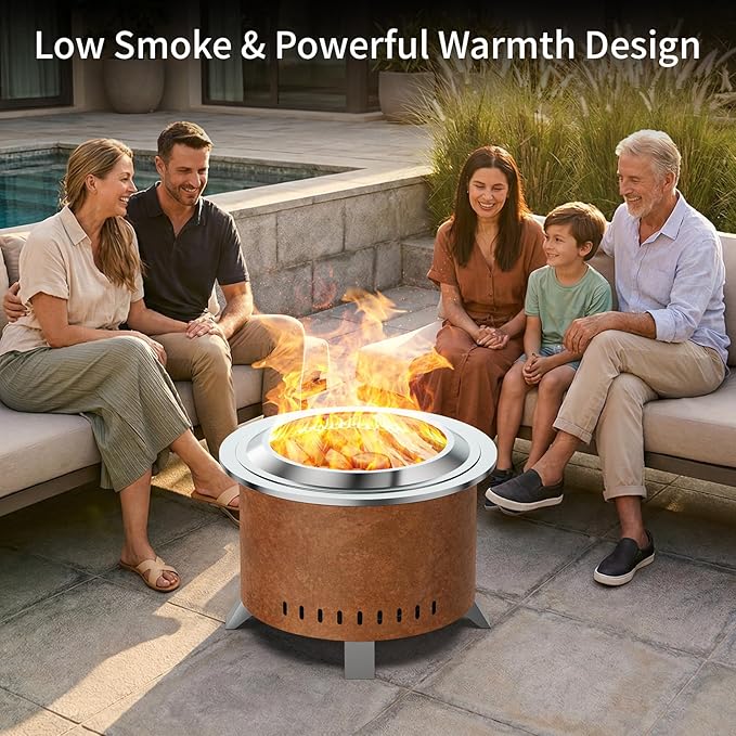 Verdeluxe Smokeless Fire Pit22 Inch Stainless Steel Firepit Outdoor Wood Burning Fire Pit with CoverSmokeless Firepits for Outside Backyard Patio Garden Camping(Rusty)