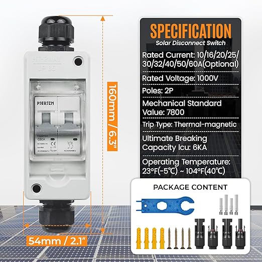 Solar Panel Disconnect Switch 1000V 60A PV Shut Off Switch Outdoor Circuit Breaker Box for Solar PV Homes Battery (60Amp)