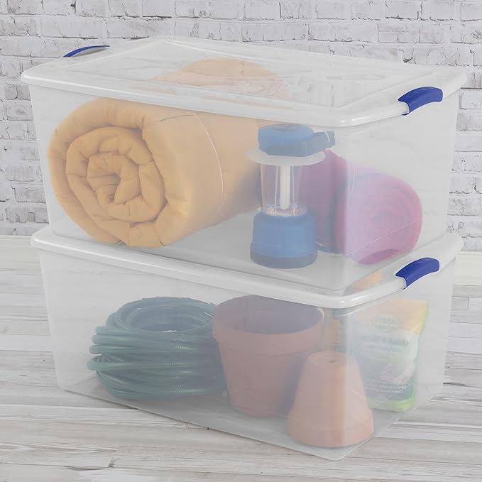 105 Qt. Plastic Storage Bin with Durable Lid Stackable and Nestable Clear Tote Container Featuring Blue Buckles Ideal for Organization and Storage Purposes (1-Pack)