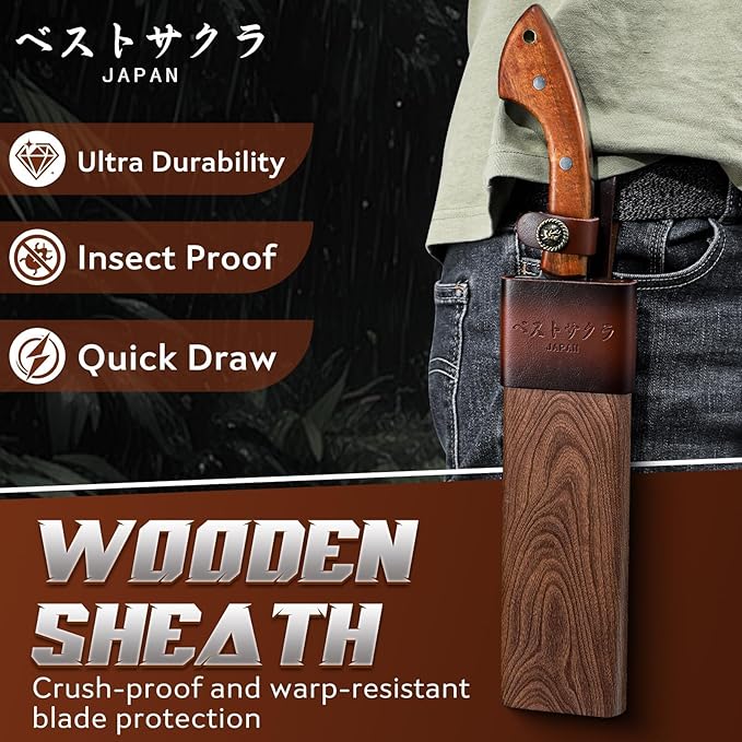 Golden Bird Parang Machete Knife - 9.5 Inch Heavy Duty Machete for Cutting TreesBushcraftSurvivalOutdoor Hunting and Camping - Full Tang with Wooden Sheath - Yard Work Tool for Men