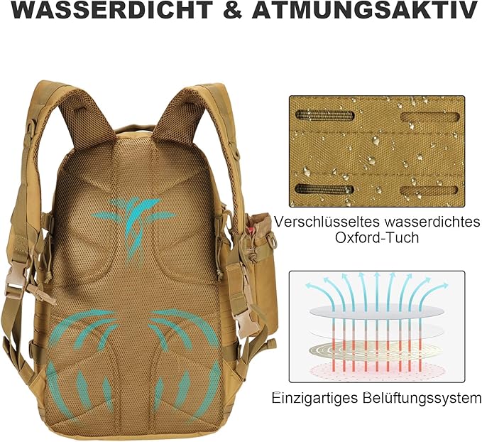 LiveGo 45L Military Tactical Backpack Hiking Trekking Rucksack with Water Bottle Sleeve - Suitable for Hiking Climbing Traveling (Light Brown)