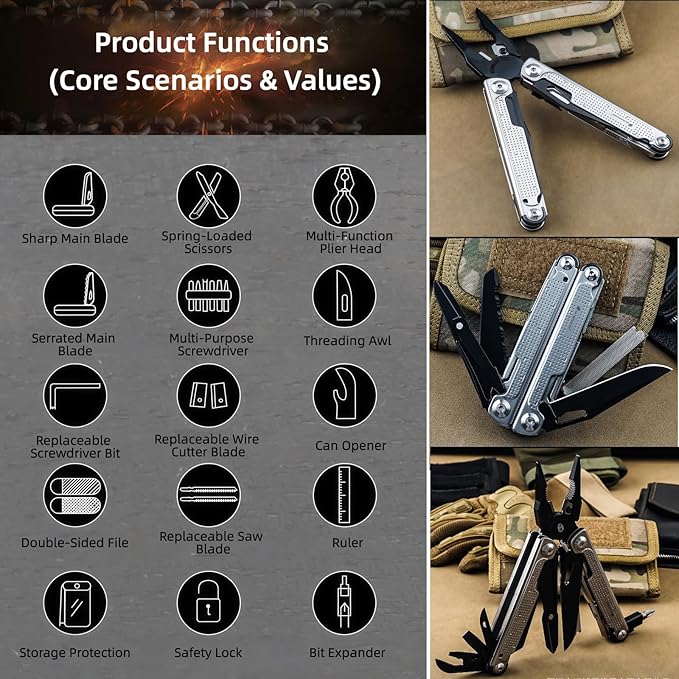 Multitool 20-in-1 Full-Size Lightweight EDC Multi-Purpose Pliers With Safety Locking Nylon Bag Tactical Gear Camping Knives &amp Tools Gift Ideas for Men (Silver)