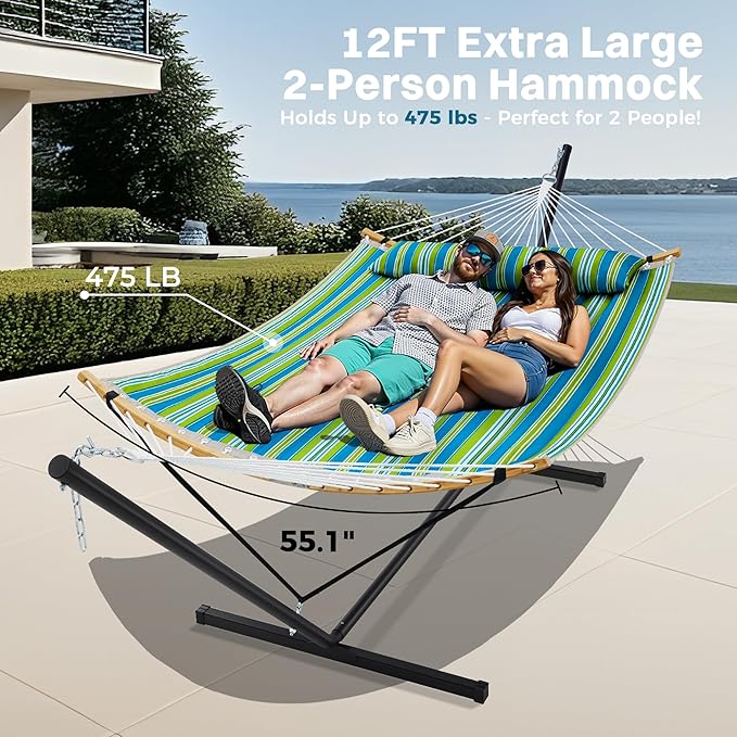 SUPERJARE Curved-Bar Hammock with Stand 2 Person Heavy Duty Hammock Frame Detachable Pillow &amp Portable Carrying Bag Perfect for Outdoor &amp Indoor Thin Blue and Green Stripes