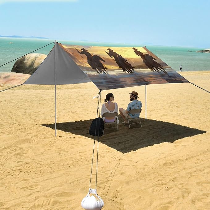 Beach Canopy with Windproof Ropes &amp Sandbags Beach Tent Sun Shade Sun Shelter for Camping Trips Fishing Backyard Fun or Picnics Cowboy