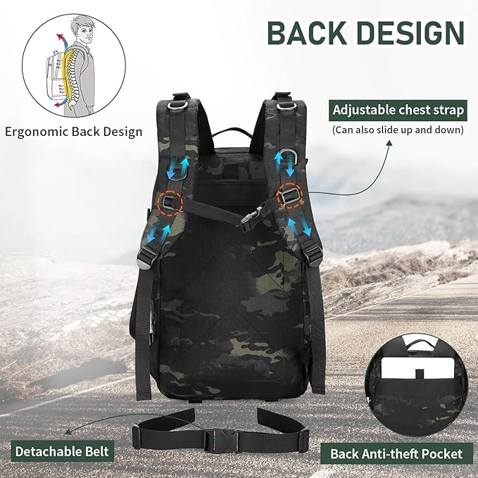 HUNTVP 1000D Tactical Backpack 45L Military MOLLE Backpack Assault Pack Army Camping Hiking Rucksack Outdoor Backpack (Black CP)