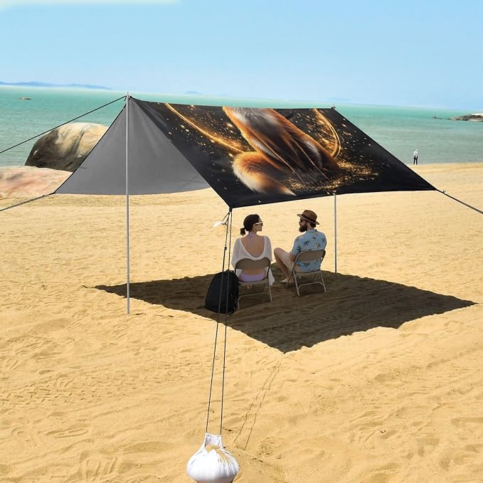 ALAZA Magic Fox Sitting Beach Tent Sun Shelter UPF50+ Protection Beach Shade Canopy w/ 4 Sandbags for Outdoor Camping Fishing Backyard Fun Picnic 10x9 ft