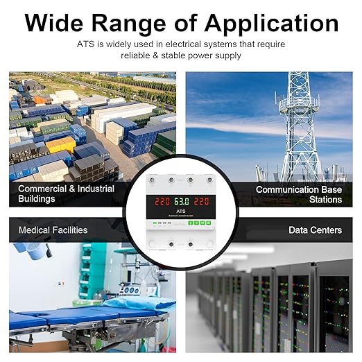 110 VAC Dual Power Automatic Transfer Switch 2-Pole 63 Amp DIN Rail ATS Adjustable Emergency Power Switch with 3.54” Guide Rail