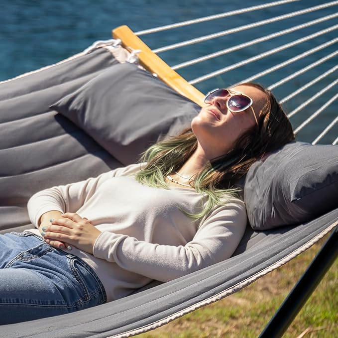 55in Hammock with Stand Heavy Duty Hammock with Stand Included Two Person Hammock with Curved Spreader Bar Pillow and Portable Bag 450 Lbs Capacity Dark Gray