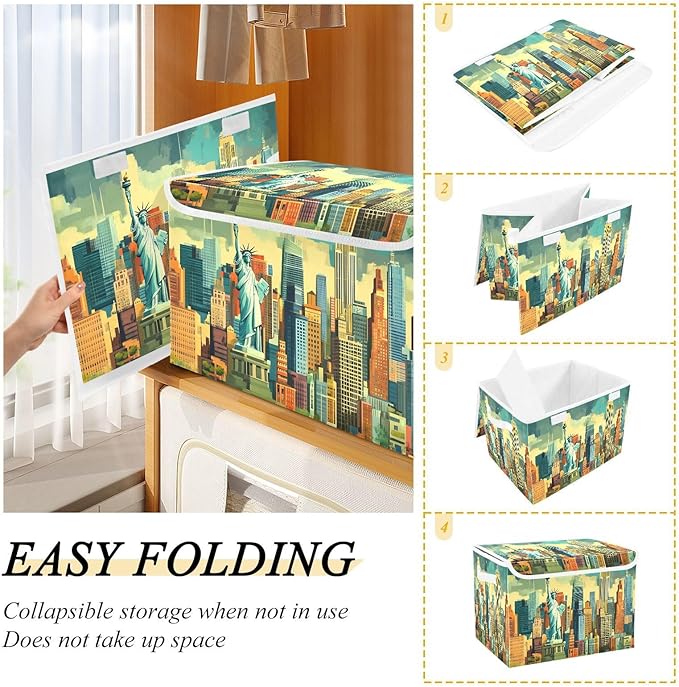 New York City Storage Cube Bins Basket with Lid Collapsible Flip-top Fabric with Handle for Home Bedroom Closet Office 16.5×12.6×11.8 in