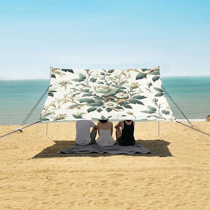 Elegant Flowers White Beach Tent Sun Shelter Set UPF50+ UV Protection 10.5 x 9.19 FT Camping Shade Canopy with Sandbags Sand Anchors Carrying Bag and Others