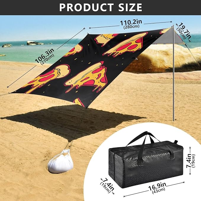 ALAZA Pizza on Black Beach Tent Sun Shelter Portable Canopy Sunshade for Outdoor Camping Picnics Backyard Fun 10x9 ft