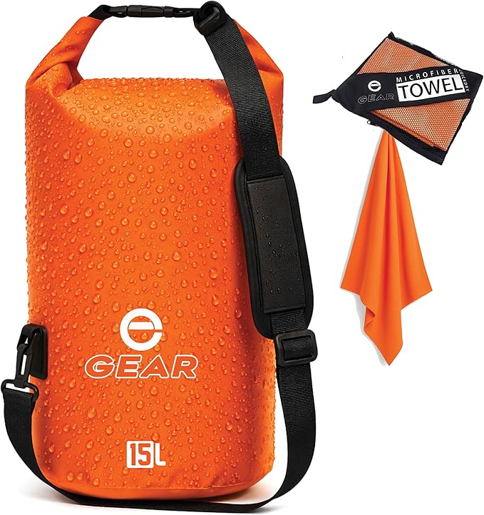 Enthusiast Gear Dry Bag 15L – Waterproof Floating Roll Top Dry Sack for Kayaking Boating Camping &amp Beach – Includes Quick Dry Microfiber Towel (Orange)