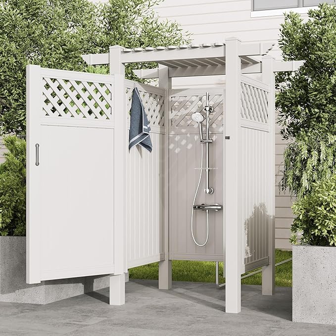 EROMMY 88.5H x 57.5W x 47.75L White PVC Outdoor Shower Enclosure with Door Weatherproof Privacy Stall for Pool &amp Beach Durable Vinyl Construction（Grid-panel with roof）