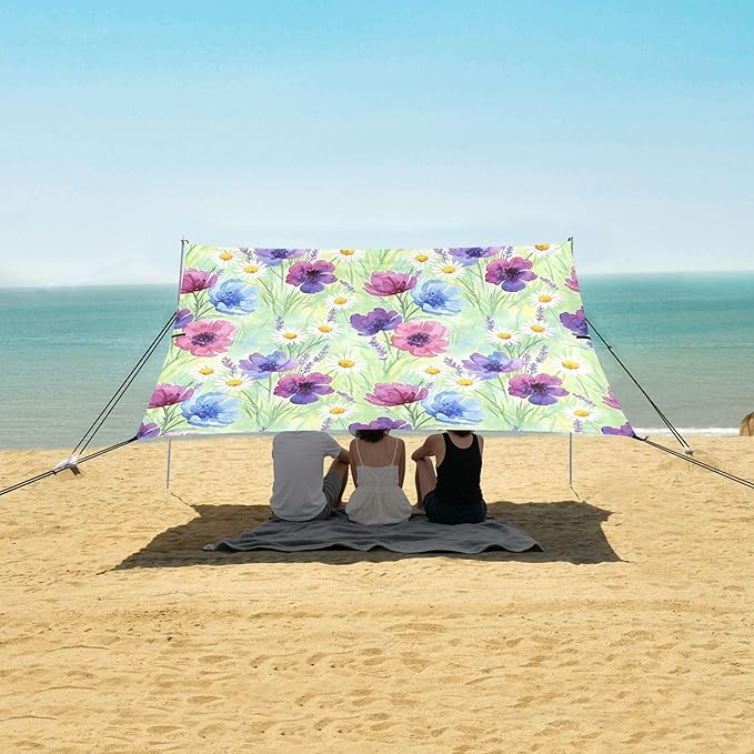 Wildflowers Beach Canopy Sun Shelter with Sandbags &amp Sand Shovel &amp Windproof Ropes - Portable 110x126 Beach Shade Beach Tent for Camping Picnics