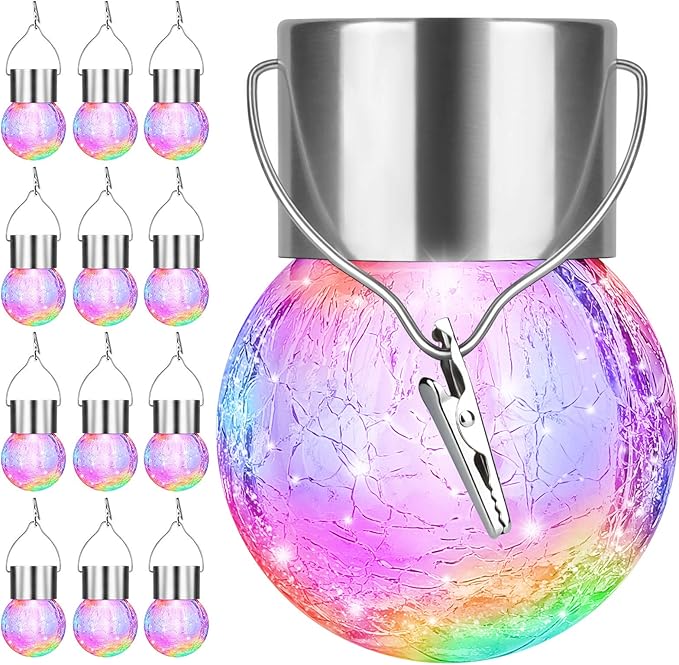 12Pack Outdoor Hanging Solar Lights - Cracked Glass Solar Lights Waterproof LED Decorative Ball Lights Tree Solar Powered Globe Lights with Hook for Garden Yard Fence Christmas Decoration Multicolor