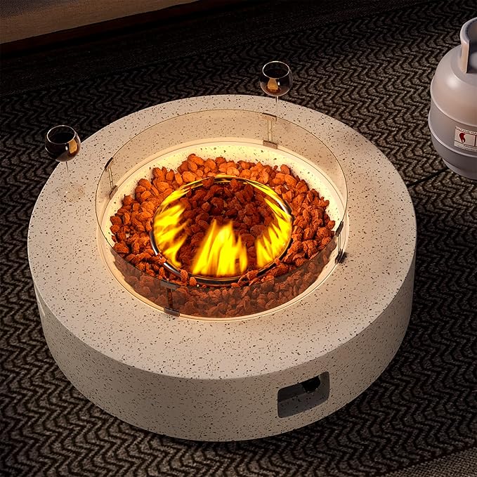 SUNBURY Outdoor 42 Inch Propane Fire Pit Table Patio Gas Fire Table 50000 BTU Fire Pit for Outside in Spotted White w Glass Wind Guard Lava Rocks