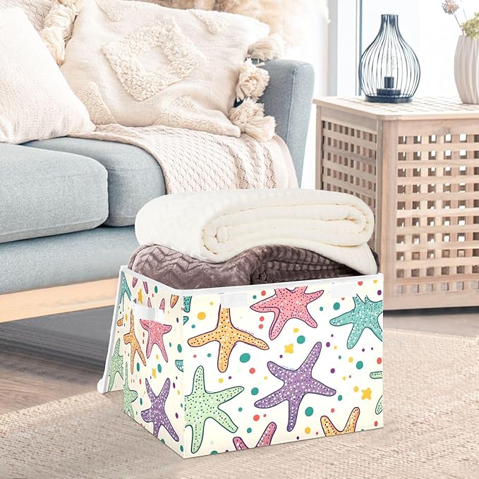 Star Fish Cartoon Storage Cube Bins Basket with Lid Collapsible Flip-top Fabric with Handle for Home Bedroom Closet Office 16.5×12.6×11.8 in