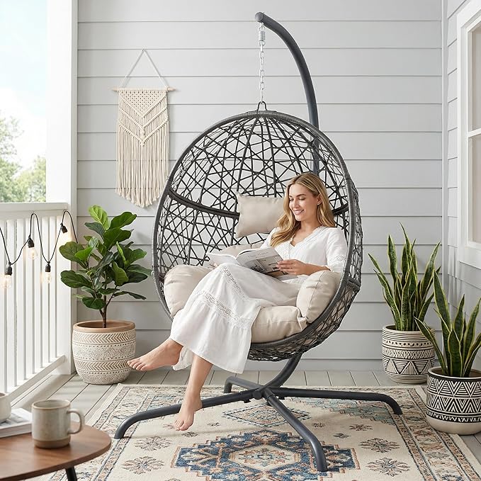 RADIATA Oversized Hanging Egg Chair with Stand Large Indoor Outdoor Swing Chair with Cushion 350lbs Wicker Bird Nest Eggshell Basket Chairs Patio Swinging Hammock Chair for Bedroom Garden Beige
