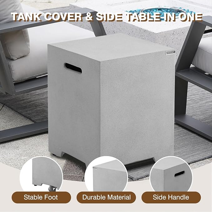 3-Piece Outdoor Propane Fire Pit Table Set – Premium Marble-Like MgO Finish 56-Inch Gas Fire Table with Tank Table &amp Glass Wind Guard for Patio Garden &amp Backyard Includes Rain Cover &amp L