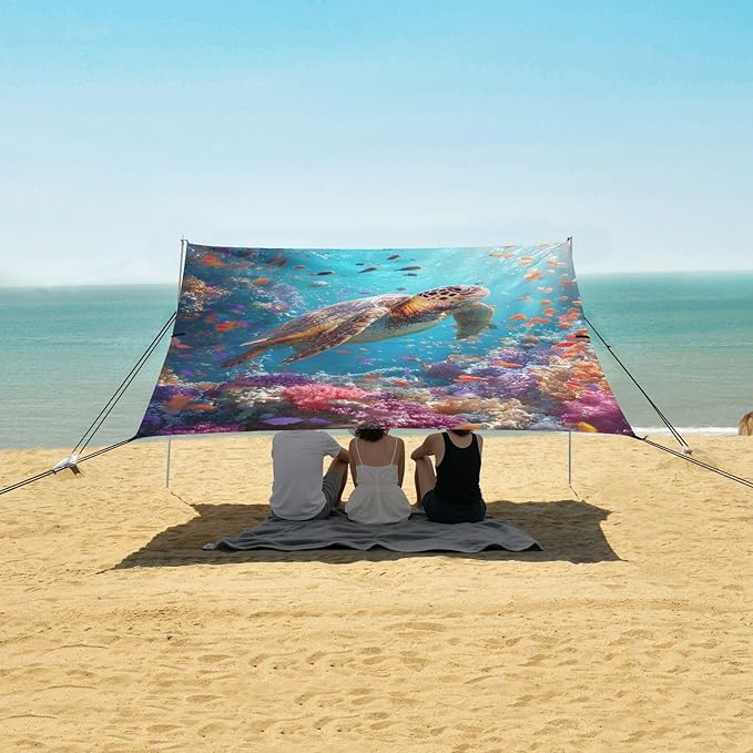 ALAZA Sea Turtle Undersea World Beach Tent Sun Shelter UPF50+ Protection Beach Shade Canopy w/ 4 Sandbags for Outdoor Camping Fishing Backyard Fun Picnic 10x9 ft