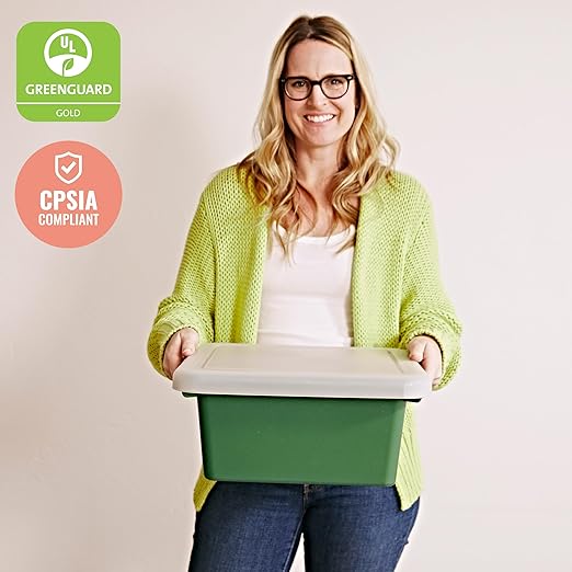 ECR4Kids Stackable Square Bins with Non-Snap Lids Multipurpose Organization Hunter Green 4-Pack