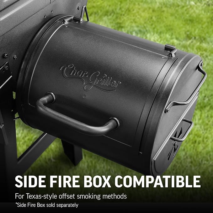 Char-Griller® Wrangler® Charcoal Grill in Black with Metal Shelves EasyDump™ Ash Pan Premium Wood Front and Side Shelves with Utensil Hooks 640 Cooking Square Inches in Black Model 2823