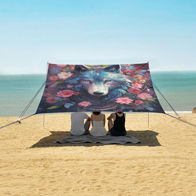 ALAZA Wolf with Flower Beach Tent Sun Shelter Portable Canopy Sunshade for Outdoor Camping Picnics Backyard Fun 10x9 ft