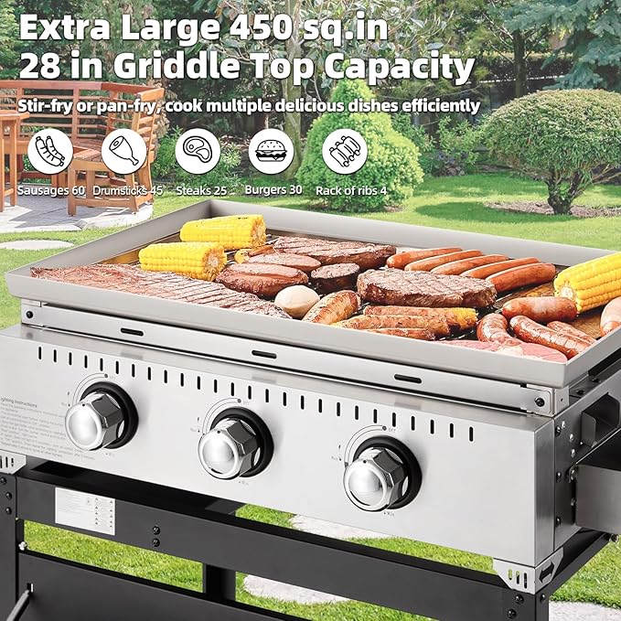 MELLCOM 3 Burner 30000 BTU Outdoor Gas Griddle with Lid (Side Shelf) Portable Flat Top Griddle 28 Inch Heavy- Duty Cast lron Grill Bottle Rack &amp Grease Pan for Camping Picnic Patio