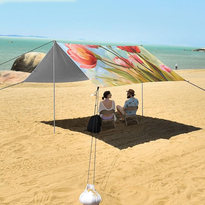 ALAZA Tulip Flower Floral Painting Beach Tent Sun Shelter UPF50+ Protection Beach Shade Canopy w/ 4 Sandbags for Outdoor Camping Fishing Backyard Fun Picnic 10x9 ft