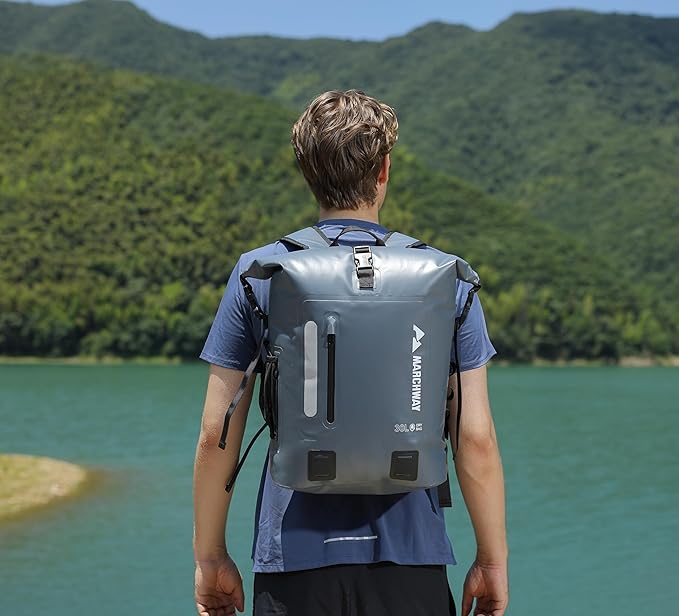 MARCHWAY Roll Top Waterproof Backpack Floating Dry Bag 20L/30L/45L with Ergonomic Rectangular Base Cushioned Back Hip Strap for Hiking Camping Kayaking Travel (Grey 30L)