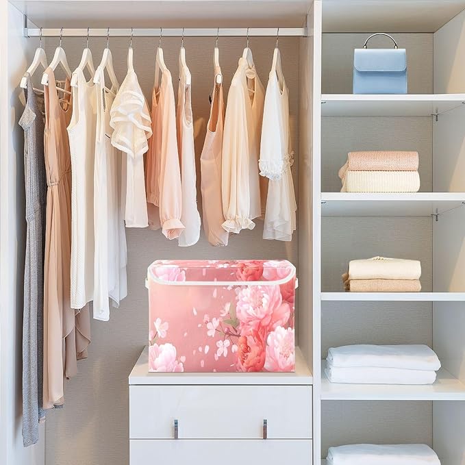 MNSRUU Containers Baskets with Lids Pink Flowers Foldable Storage Bins Organizer with Lid Collapsible Storage Boxes for Home Bedroom Closet Office