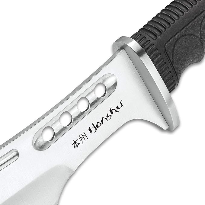 HONSHU Boshin Parang with Leather Belt Sheath - 7Cr13 Stainless Steel Blade Weight-Reducing Thru-Holes Molded and Textured TPR Handle Lanyard Hole Go-To Battle Ready Tactical Tool - Length 19 1/2”