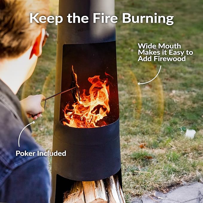 Sunnydaze 59-Inch Steel Chiminea Outdoor Fire Pit with Built-in Log Holder - Chiminea Outdoor Fireplace - Includes Poker