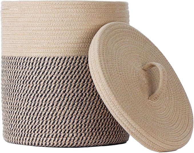 Yimi's Dream Cotton Rope Basket with Lid – Soft Storage Bin for Home Organization Brown &amp Brown‑Black Pattern Sturdy Lightweight &amp Stylish 11.5″ Round x 13.5″ High