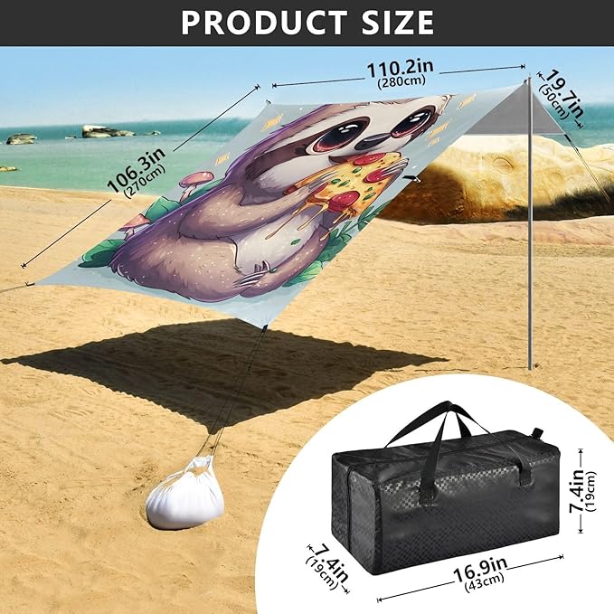 ALAZA Sloth Pizza Beach Tent Sun Shelter Portable Canopy Sunshade for Outdoor Camping Picnics Backyard Fun 10x9 ft