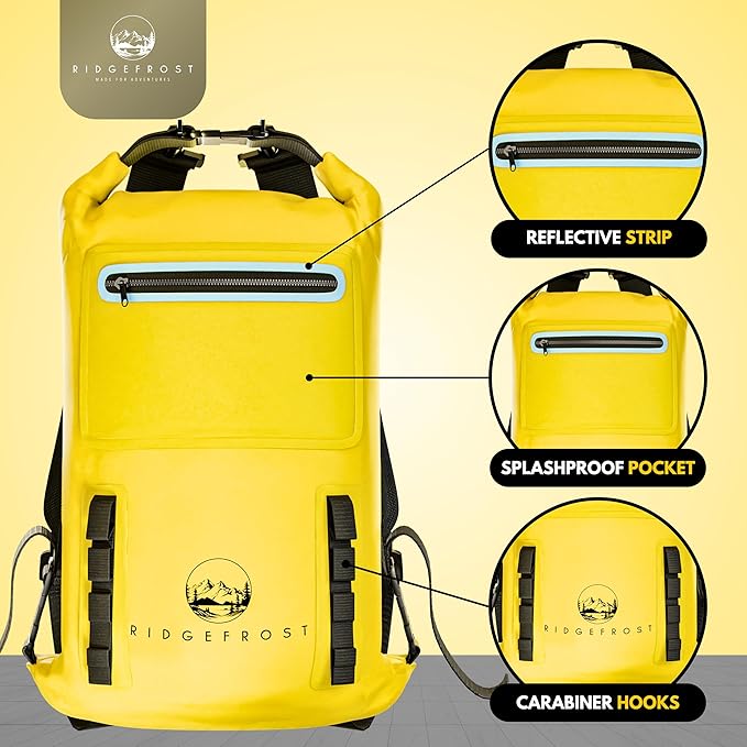 Yellow &amp Grey 20L Dry Bags - Pack of 2 | Waterproof w/2 Compartments | Dry Bags for Beach &amp More | Lightweight Roll-Top &amp Roll-Bottom backpack