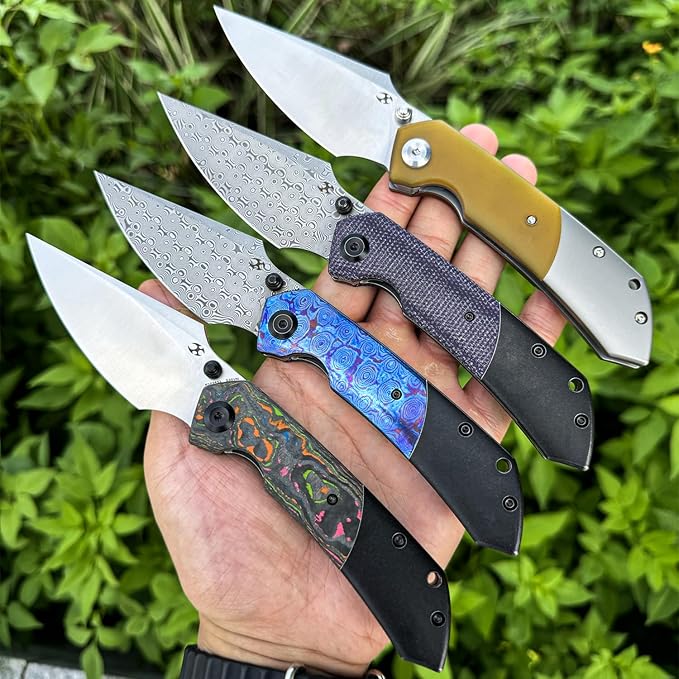 KANSEPT Fenrir Pocket Knife 3.48 Damascus Harpoon Blade Blackwash Titanium Handle Purple Micarta Inlay Thumb Stud &amp Liner Lock with Deep Clip EDC Knives for Camping Hunting Survival K1034Z2