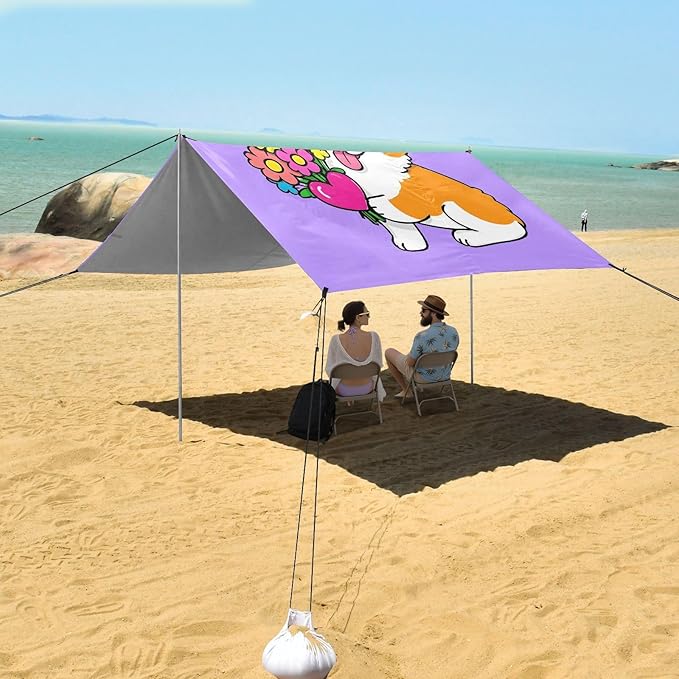 ALAZA Cute Corgi Dog Puppy Beach Tent Sun Shelter UPF50+ Protection Beach Shade Canopy w/ 4 Sandbags for Outdoor Camping Fishing Backyard Fun Picnic 10x9 ft