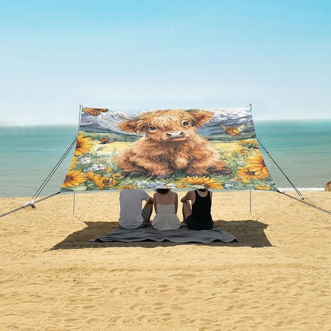 ALAZA Sunflower Baby Highland Cow Beach Tent Sun Shelter Portable Canopy Sunshade for Outdoor Camping Picnics Backyard Fun 10x9 ft