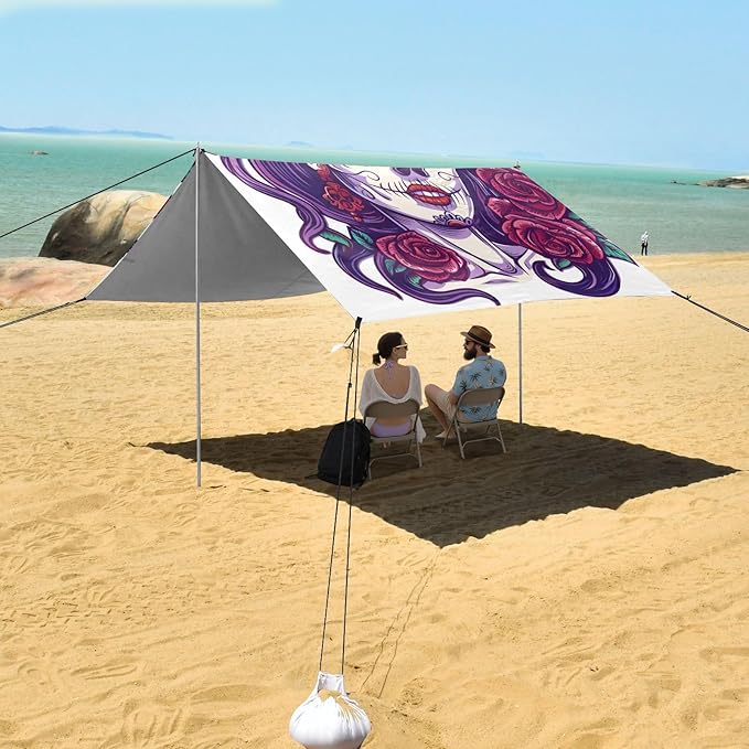 ALAZA Sugar Skull Girl with Roses Day of The Dead Beach Tent Sun Shelter Portable Canopy Sunshade for Outdoor Camping Picnics Backyard Fun 10x9 ft