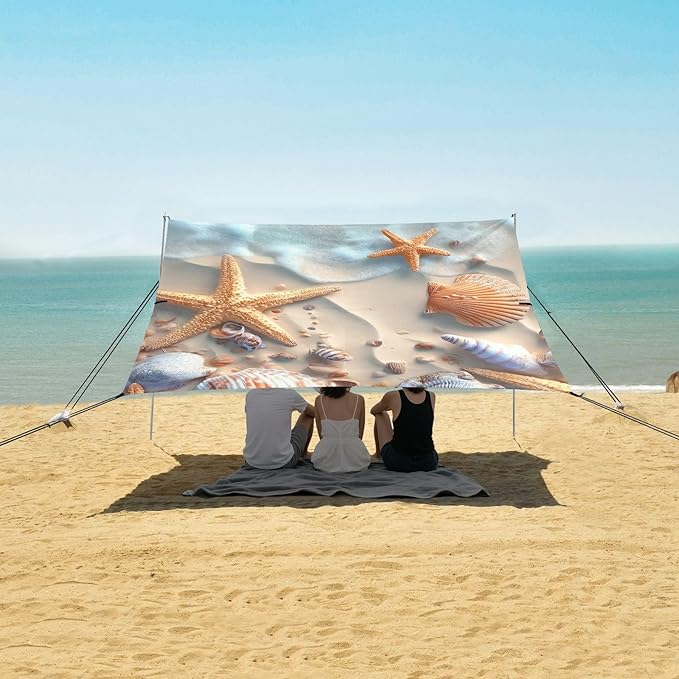 ALAZA Seashell Beach Summer Beach Tent Sun Shelter UPF50+ Protection Beach Shade Canopy w/ 4 Sandbags for Outdoor Camping Fishing Backyard Fun Picnic 10x9 ft
