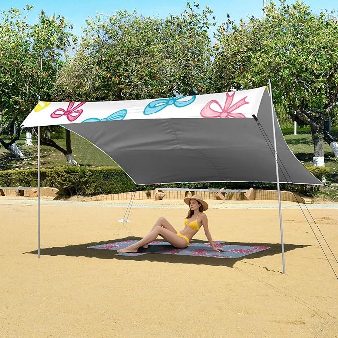 xigua Bow Tie Beach Tent Sun Shelter with Carrying Bag - Silver Coated Oxford Fabric Beach Canopy for Beach Camping Fishing - Includes Windproof Ropes Sandbags &amp Stakes