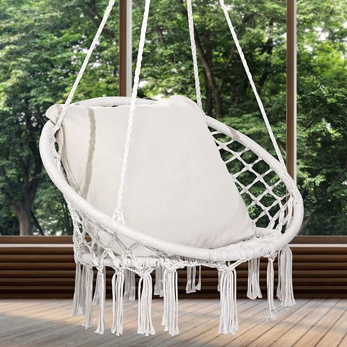 VEVOR Hanging Hammock Swing Chair 330 lbs Capacity Macramé Hanging Chair with Cushion and Mounting Hardware Cotton Rope Swing Chair for Bedroom Balcony Patio Garden White